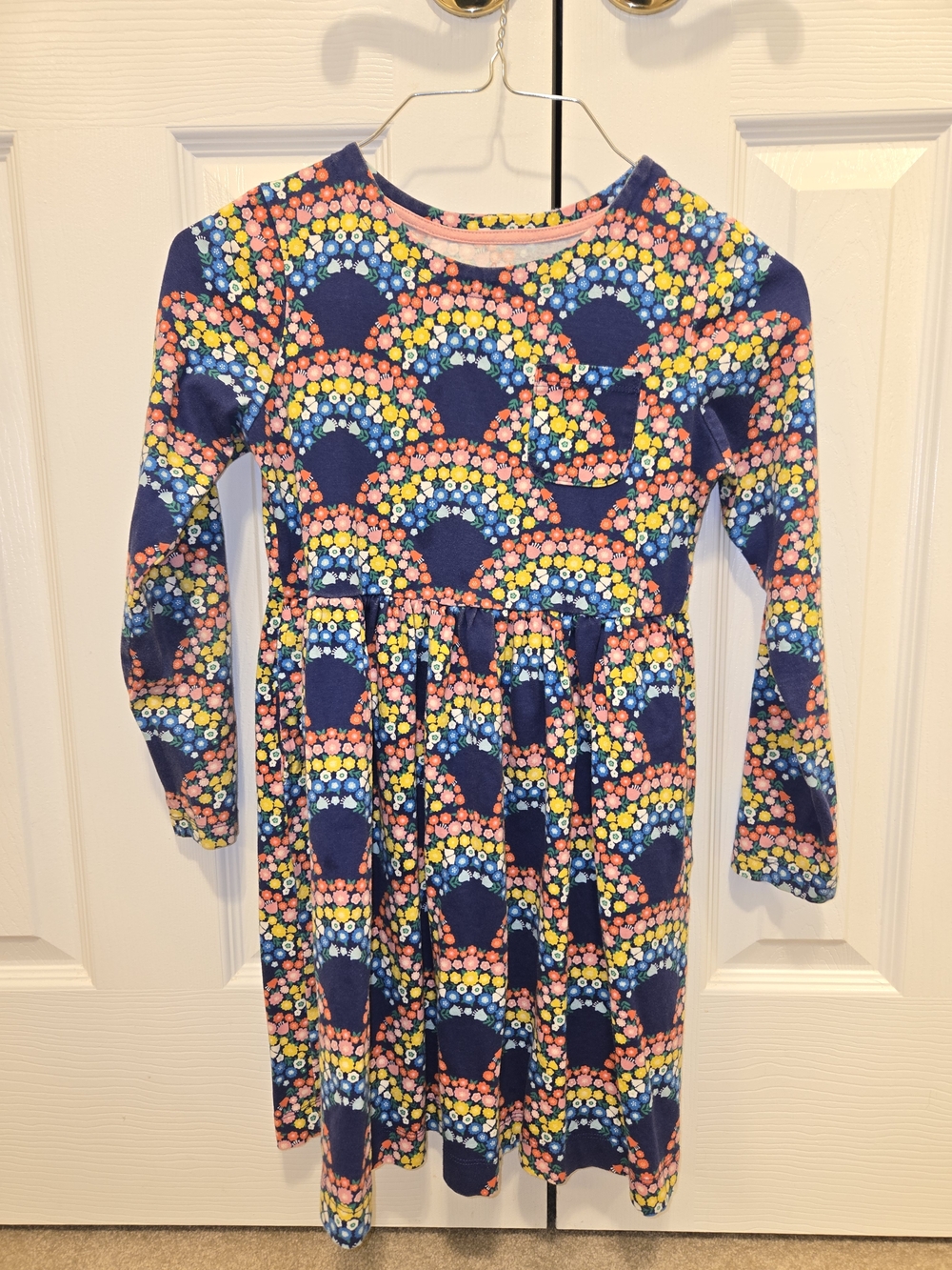 Mini Boden Navy Dress with Pink, Yellow & Blue Floral Rainbows